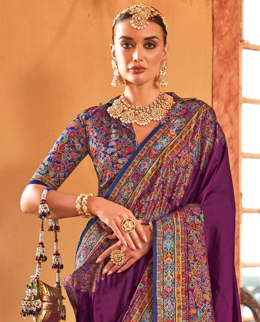 Purple plain with meenakari-style floral-paisleys printed designer saree, contrast floral-paisleys Mughal-style printed border, and pallu