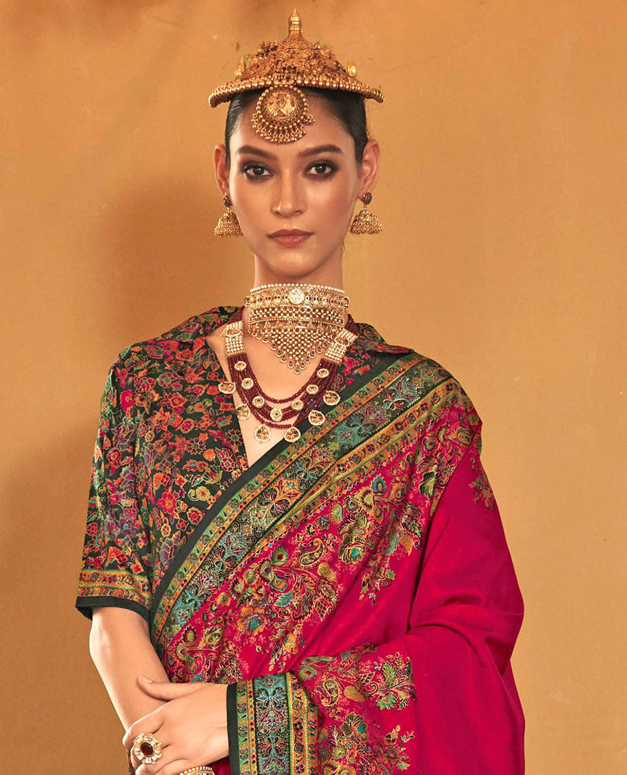 Tomato red plain with meenakari-style floral-paisleys printed designer saree, contrast floral-paisleys Mughal-style printed border, and pallu