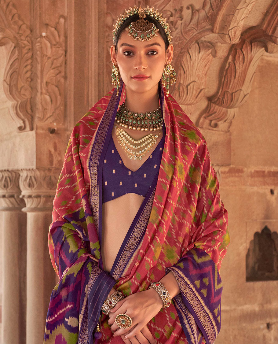 Pink Ikat Patola Designer Saree, Enthralled with Geometric Ikat Designs, Complemented by a Contrast Ikat Border, Intricate Pallu, and a Contrast Blouse