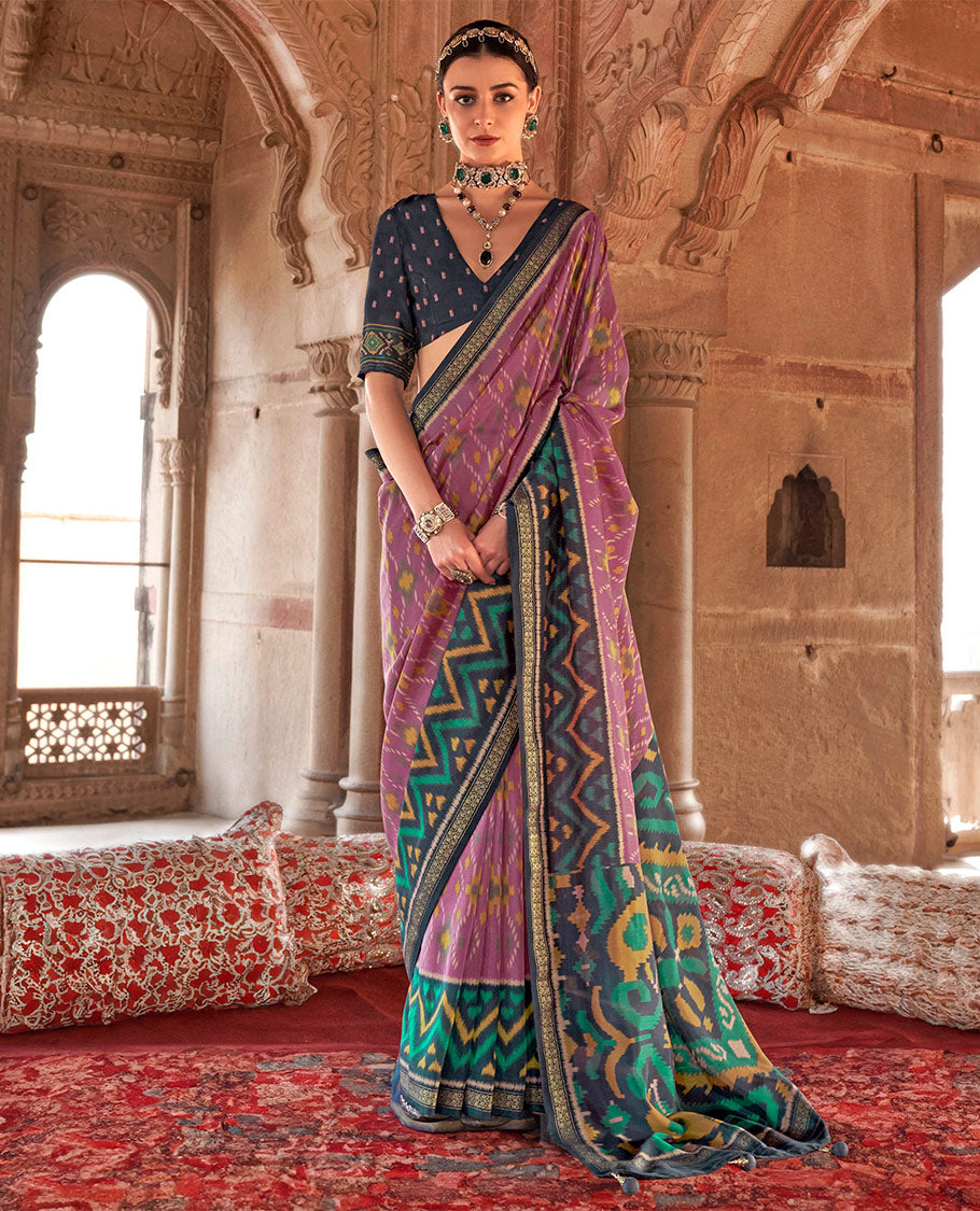 Rosewood Pink Ikat Patola Designer Saree, Enriched with Geometric Ikat Designs, Complemented by a Contrast Ikat Border, Intricate Pallu, and a Contrast Blouse