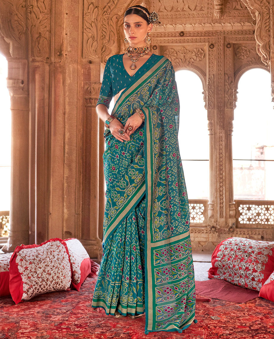 Rama Ikat Patola Designer Saree, Decorated with Intricate Ikat Designs, Highlighted by Intricate Ikat Border, Intricate Pallu, and a Matching Blouse