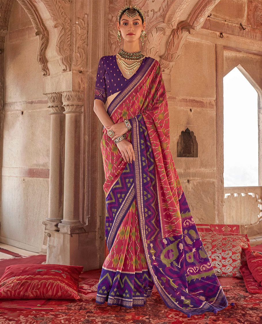 Pink Ikat Patola Designer Saree, Enthralled with Geometric Ikat Designs, Complemented by a Contrast Ikat Border, Intricate Pallu, and a Contrast Blouse