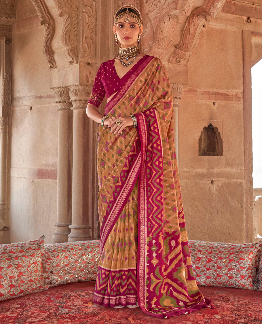 Light Mustard Ikat Patola Designer Saree Featuring Geometric Ikat Designs, Complemented by a Contrast Ikat Border, Intricate Pallu, and a Contrast Blouse