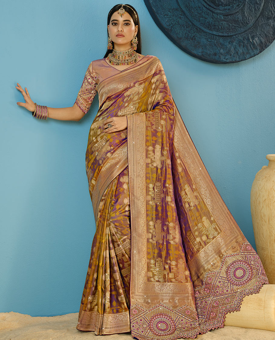 Green Designer Saree Beautified with Buttas and Stone Work, Traditional Motifs Woven Border, and Pallu Embroidered with Geometric Motifs, Along with a Contrast Embroidery Blouse