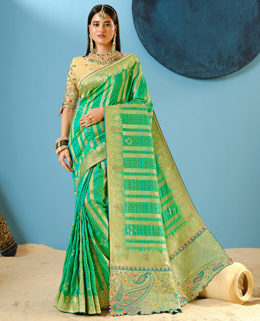 Green Floral Zari Design and Micro-Stone Work Embellished Designer Saree with a Zari-Stonework Border, Paisley Design Embroidered Pallu, along with a Contrast Embroidered Blouse