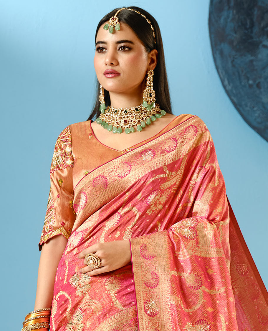 Pink Floral Zari Design and Micro-Stone Work Accentuated Designer Saree with a Zari-Stonework Floral Creeper Border, Intricately Embroidered Pallu, and a Contrast Blouse Complemented by Embroidery