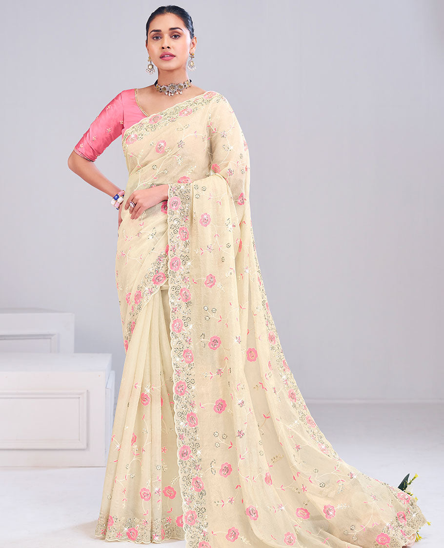 Cream floral vine thread embroidered with sequins work designer catalog saree, scallop floral sequins work border