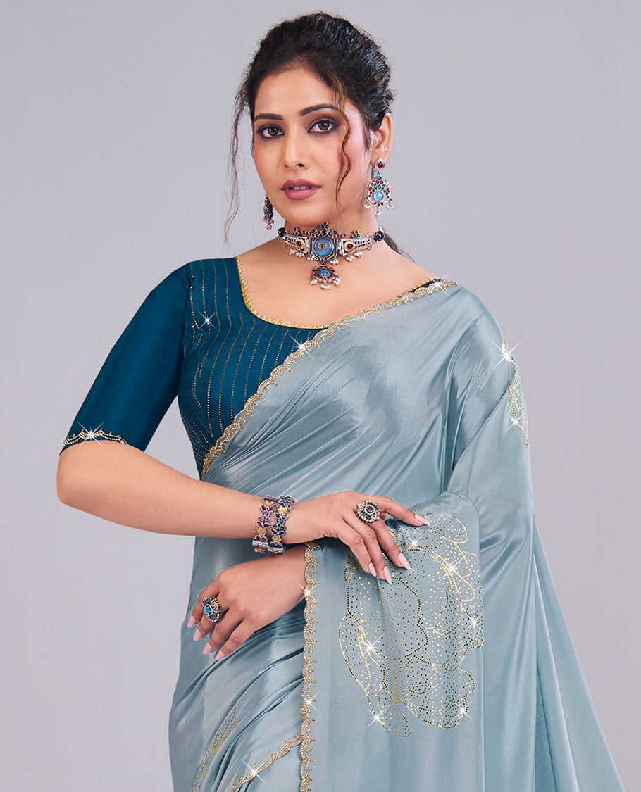 Grey floral motifs style micro stone work designer catalog saree, scallop micro stone work border