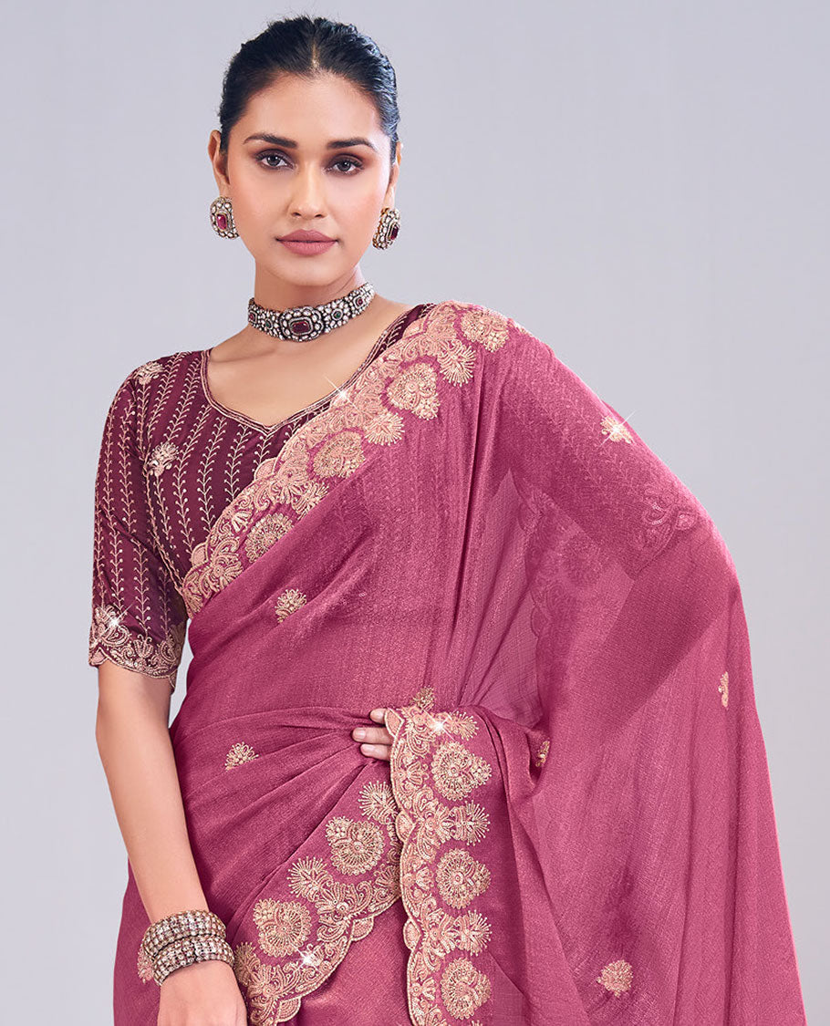 Pink buttas embroidered designer catalog saree, scallop thread embroidered border