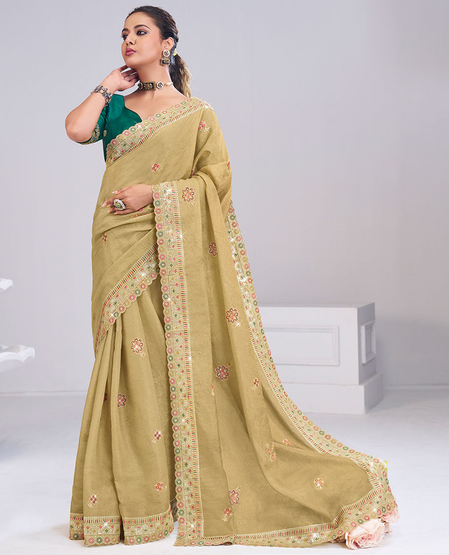 Green buttas embroidered designer catalog saree, scallop thread and sequins embroidered border