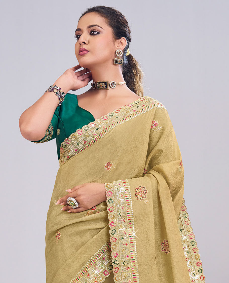 Green buttas embroidered designer catalog saree, scallop thread and sequins embroidered border