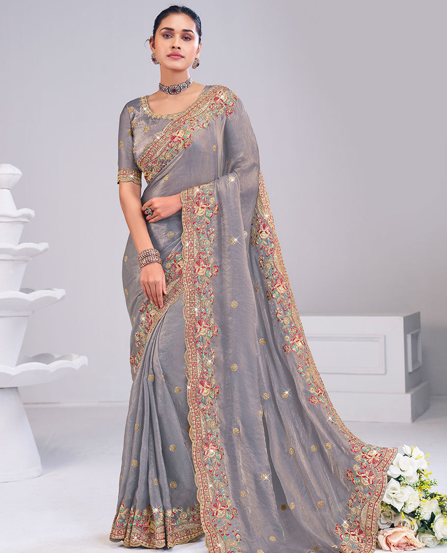Grey floral motifs embroidered designer catalog saree, scallop thread and sequins floral embroidered border
