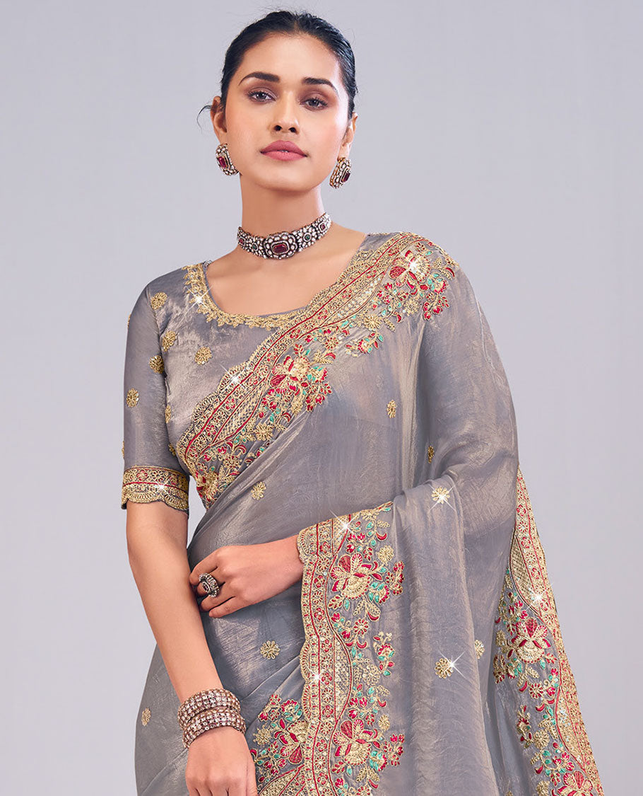 Grey floral motifs embroidered designer catalog saree, scallop thread and sequins floral embroidered border
