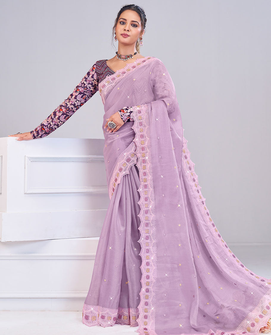 Lavender sequins embroidered designer catalog saree, scallop Mughal arches style thread embroidered border,