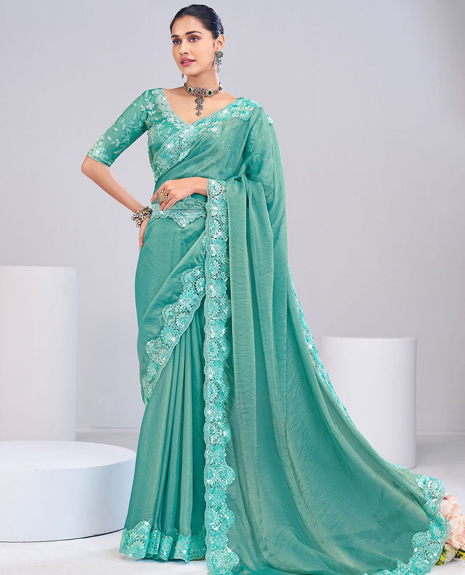 Turquoise sparesly floral vine design designer catalog saree, scallop design embroidered scallop border and detachable embroidered belt