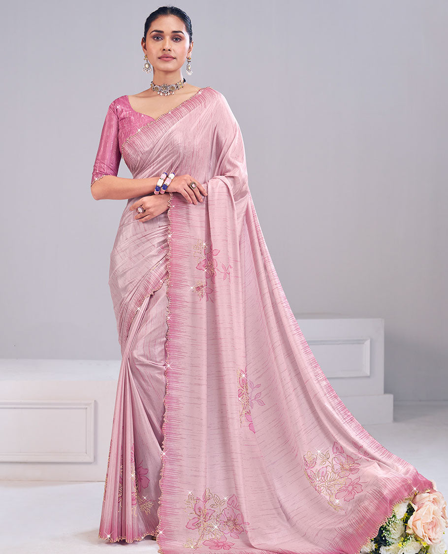 Pink abstract with floral print, and micro stone work designer catalog saree, scallop micro stone work border