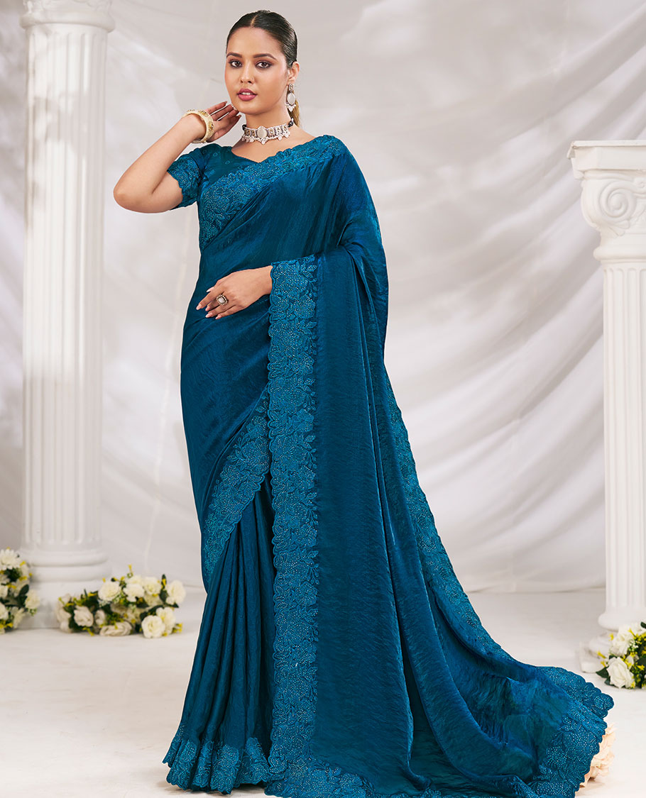 Blue Sapphire Plain Designer Saree Beautified with Floral Embroidered Borders All Over the Edges, Paired with Embroidery Work Blouse