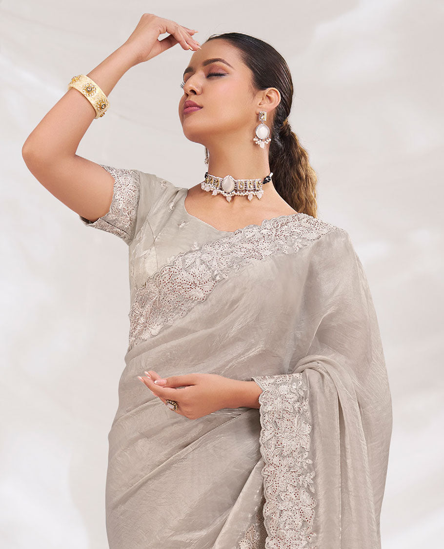Grey Plain Designer Saree Enlivened with Floral Embroidered Borders All Over the Edges, Complemented by an Intricately Embroidered Blouse
