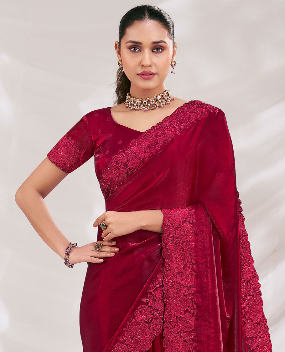 Red Plain Designer Saree Elevated with Floral Embroidered Borders All Over the Edges, Adorned with Floral Embroidered Blouse