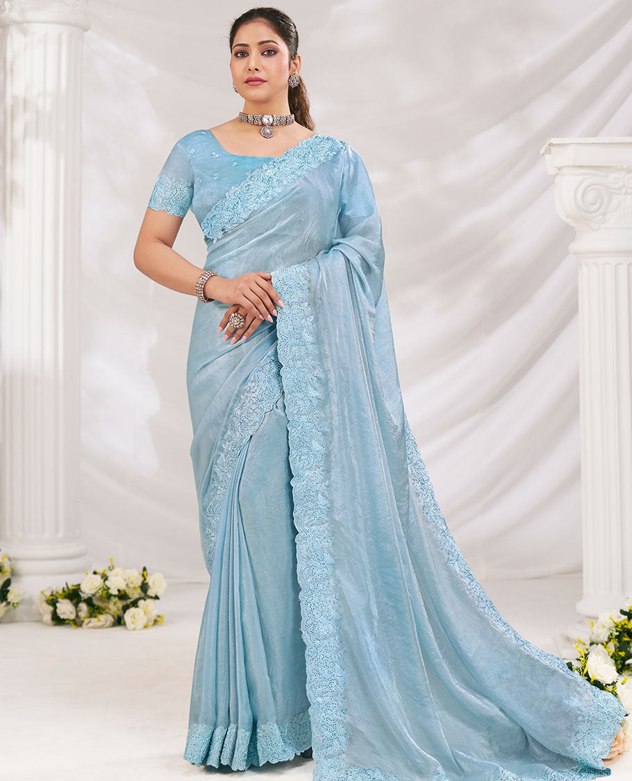 Blue Plain Designer Saree Ornamented with Floral Embroidered Borders All Over the Edges, Paired with Embroidery Work Blouse