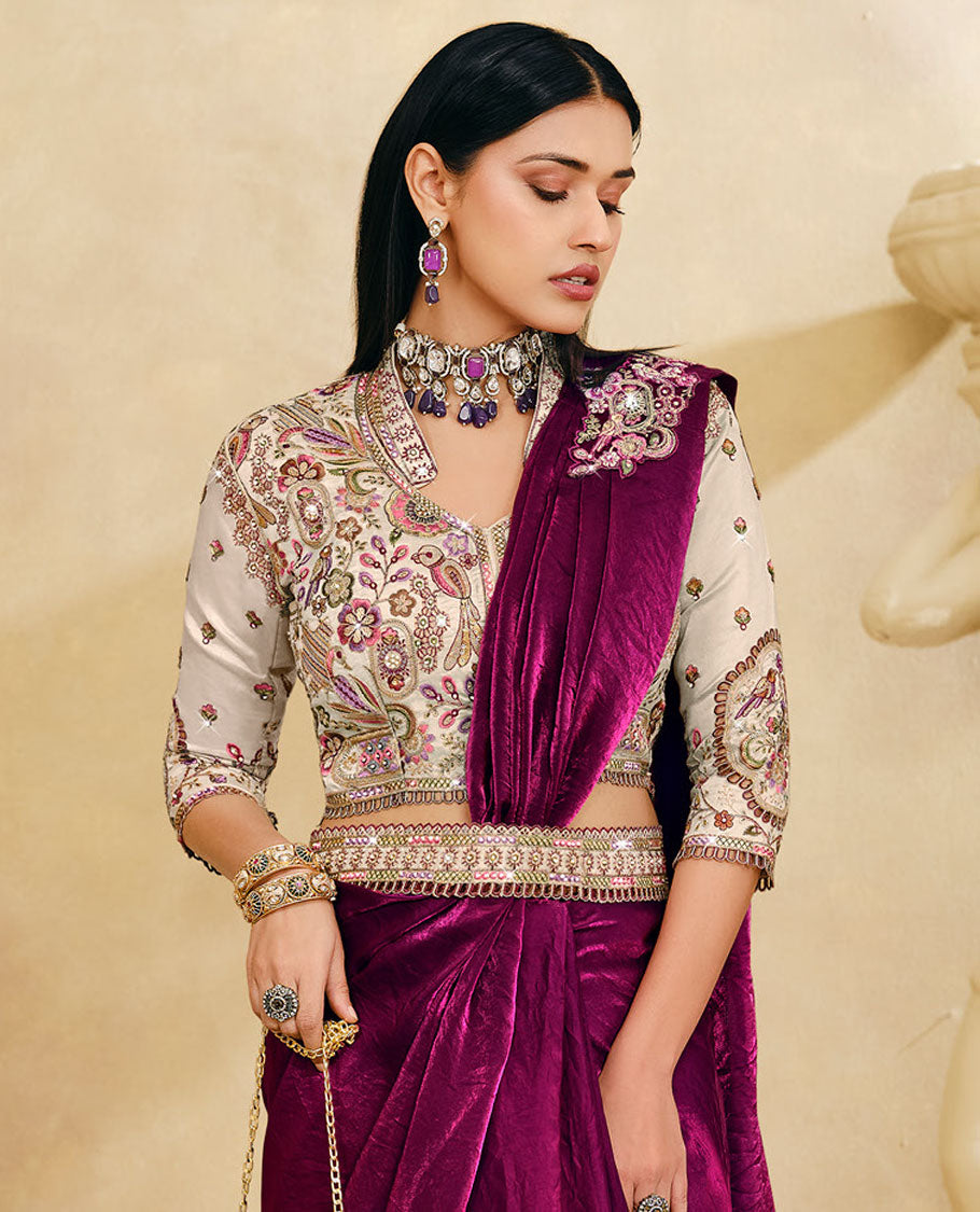 Maroon Plain Party Wear Designer Saree, Complemented with a Contrast Round Neck Heavy Embroidered 3/4th Sleeve Readymade Blouse, Detachable Embroidered Belt, and a Free Embroidered Flap Sling Bag