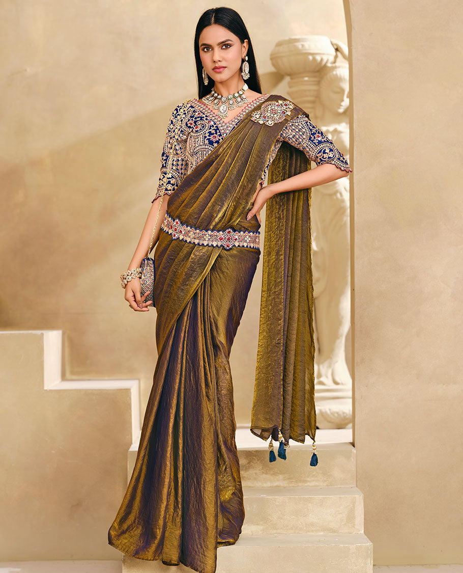 Mehenthi Green Plain Party Wear Designer Saree, Complemented with a Contrast V-Neck Heavy Embroidered Elbow Sleeve Readymade Blouse, Detachable Embroidered Belt, and a Free Embroidered Flap Sling Bag