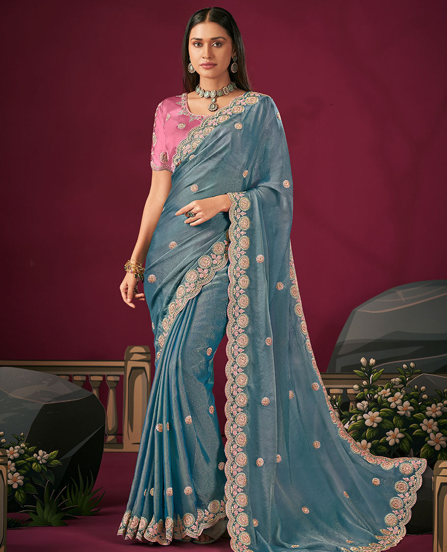 Blue Motifs Embroidered Designer Saree with Embroidered Scallop Borders, Embroidered Pallu, and a Contrast Embroidered Blouse