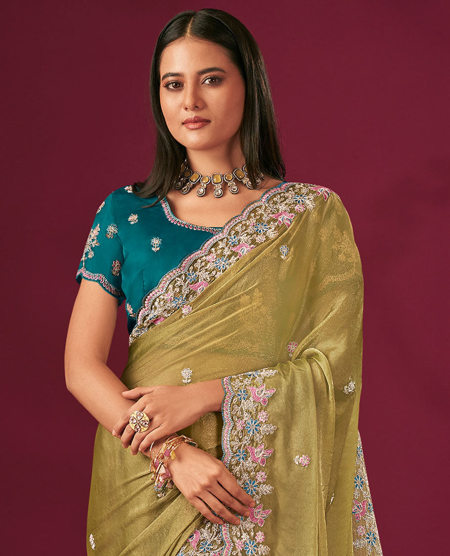 Gold Floral Motifs Embroidered Designer Saree with Floral Embroidered Scallop Borders, Embroidered Pallu, and a Contrast Embroidered Blouse