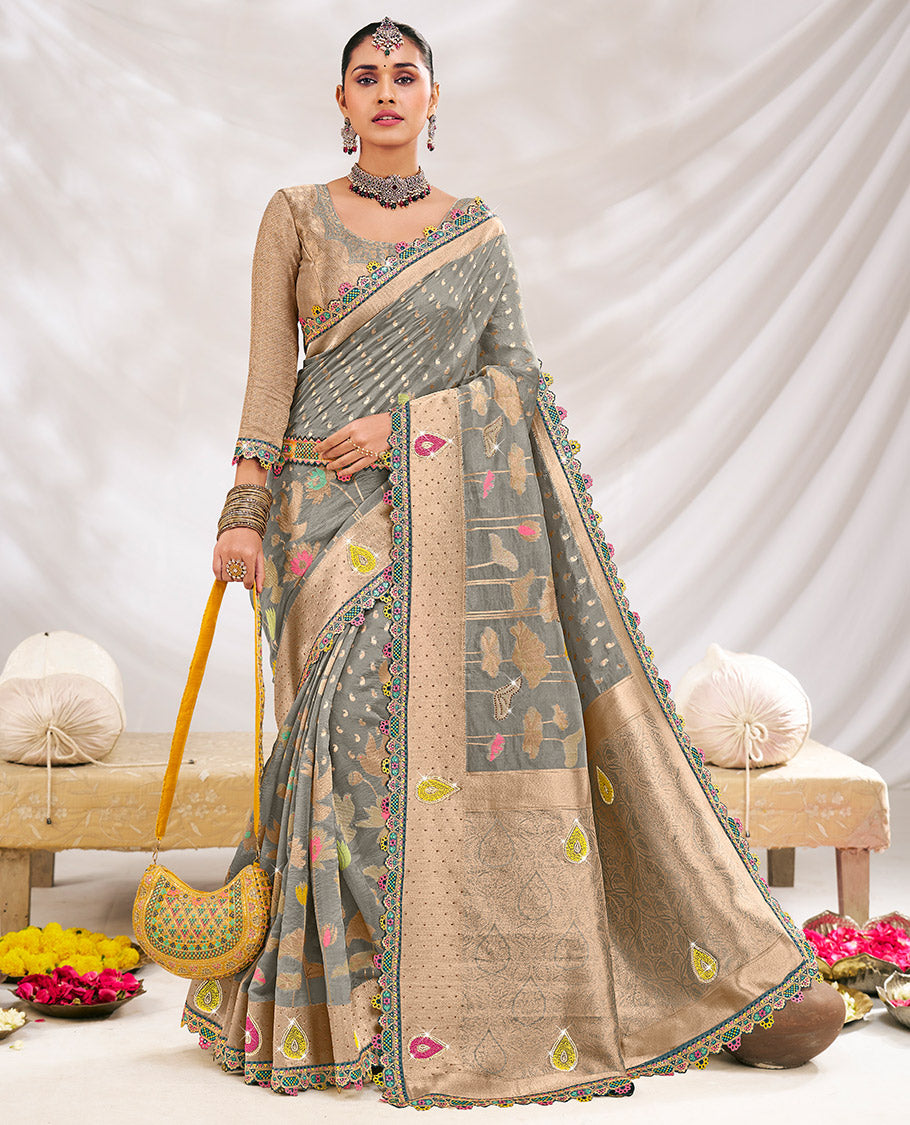 Grey Fancy Organza Designer Saree