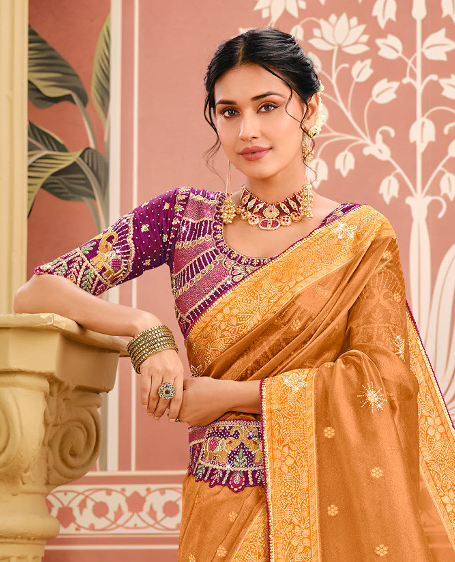 Orange Dola Silk Designer Catalog Saree with Buttas and Stonework, and Contrast Embroidered Blouse