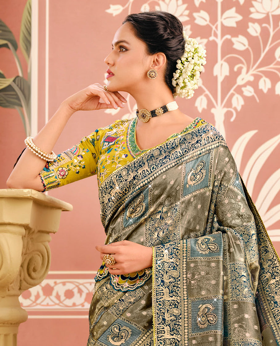 Grey Intricate Embroidered Dola Silk Designer Catalog Saree, a Contrast Embroidered Blouse, and Belt