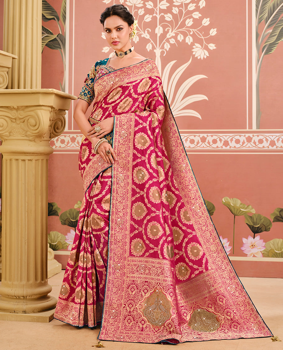 Pink Dola Silk Designer Catalog Saree with Jacquard Design and Stonework, Contrast Embroidered Blouse