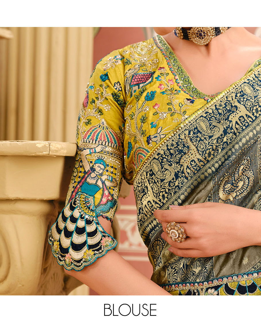 Grey Intricate Embroidered Dola Silk Designer Catalog Saree, a Contrast Embroidered Blouse, and Belt