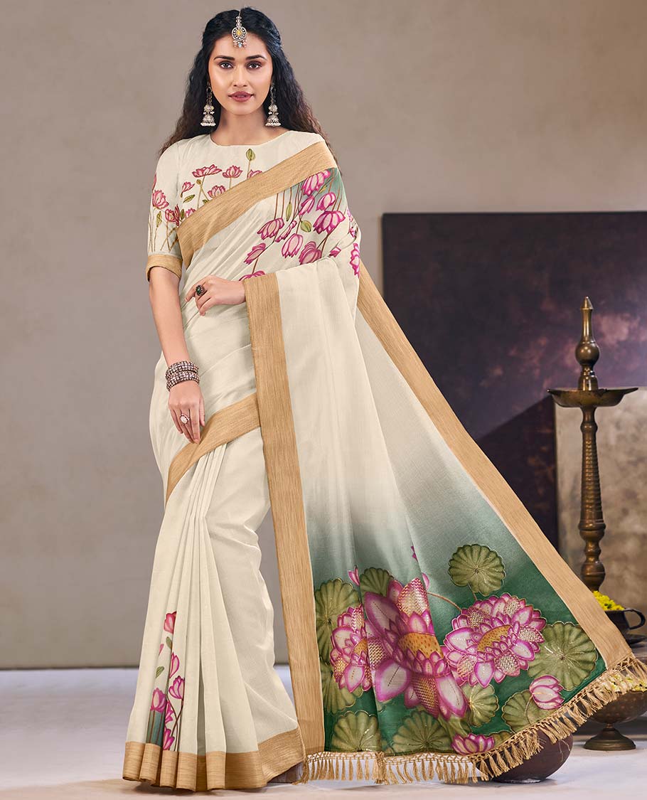 Cream pichwai lotus printed designer catalog saree, bavanji border, and painting style pichwai lotus printed pallu