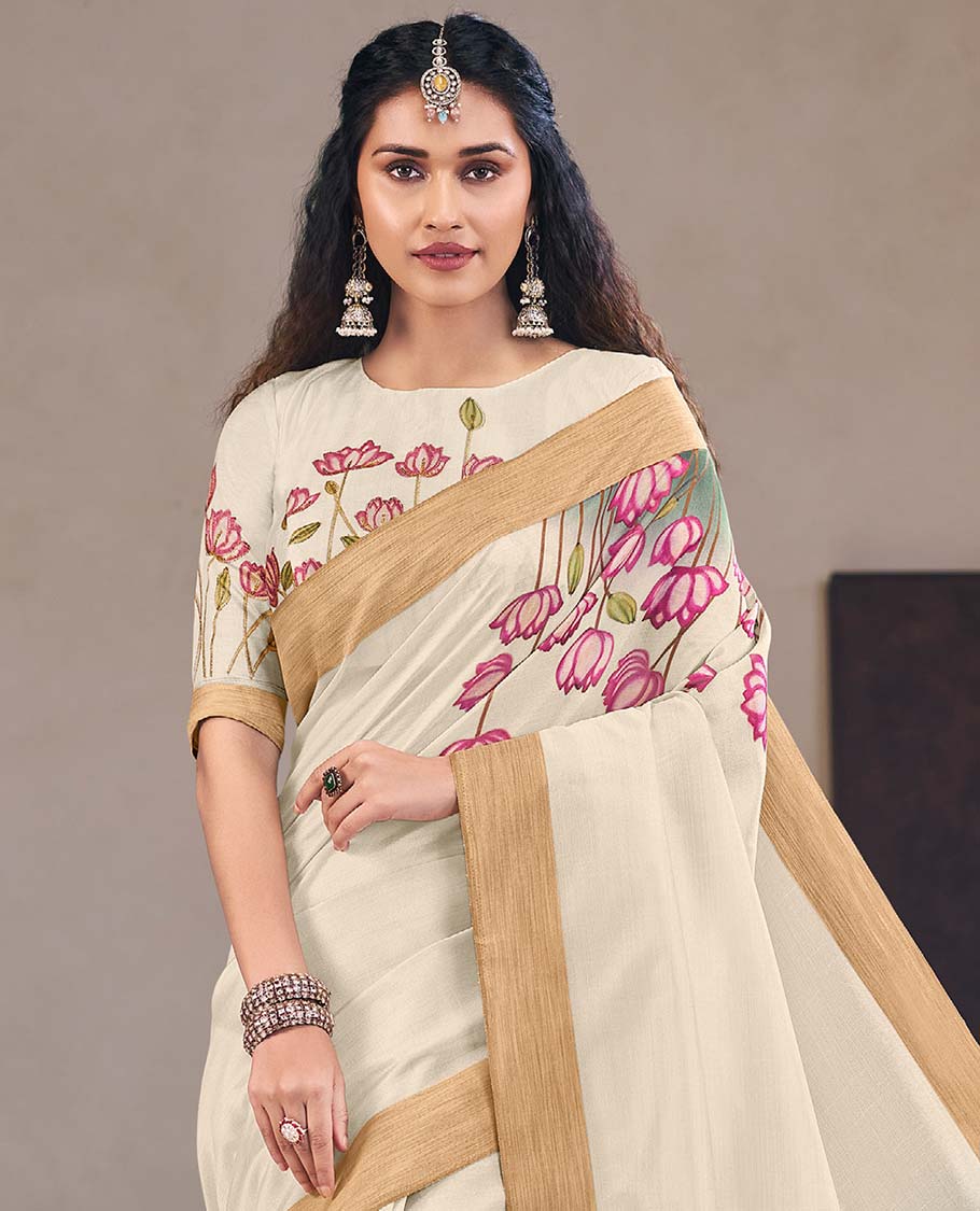 Cream pichwai lotus printed designer catalog saree, bavanji border, and painting style pichwai lotus printed pallu