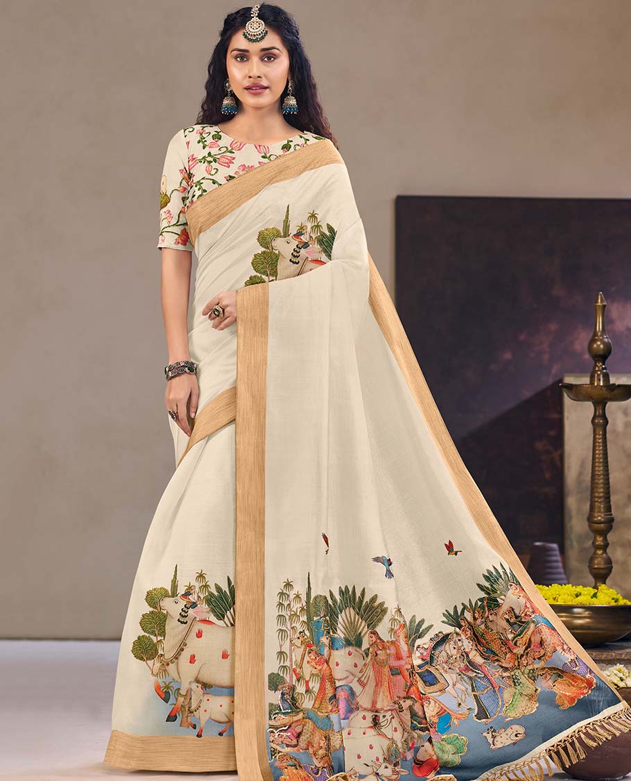 Cream pichwai cow printed designer catalog saree, bavanji border, and painting style pichwai cow and human motifs printed pallu