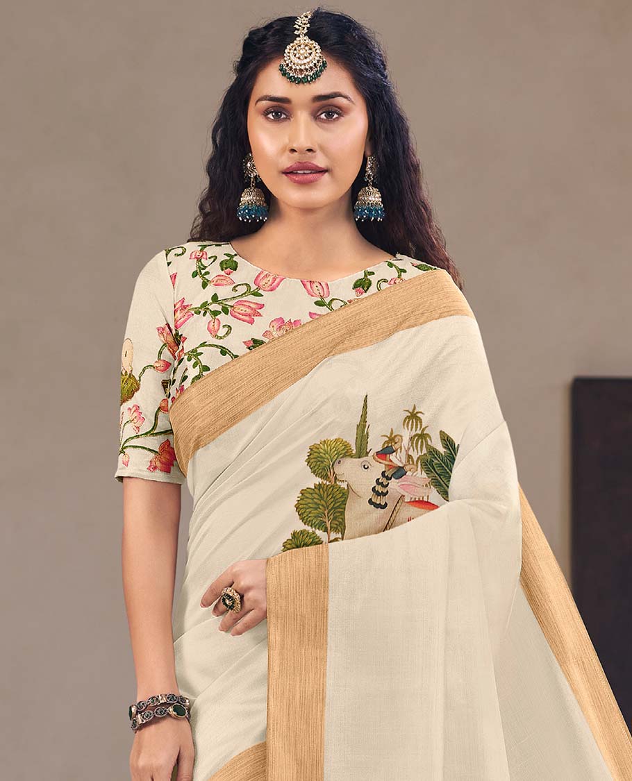 Cream pichwai cow printed designer catalog saree, bavanji border, and painting style pichwai cow and human motifs printed pallu