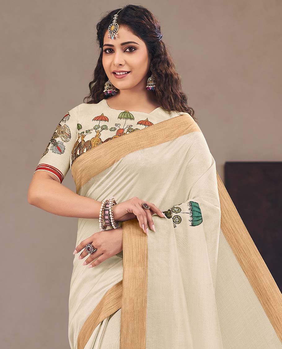 Cream kerala theme printed designer catalog saree, bavanji border, and pallu printed with man with kerala chanda molam, and elephant motifs