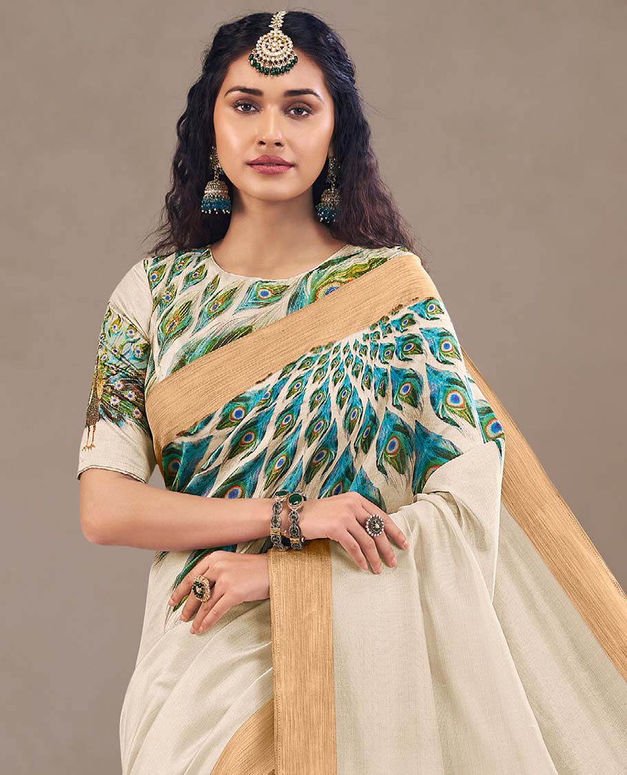 Cream peacock feather printed designer catalog saree, bavanji border, and pallu printed with peacock motifs