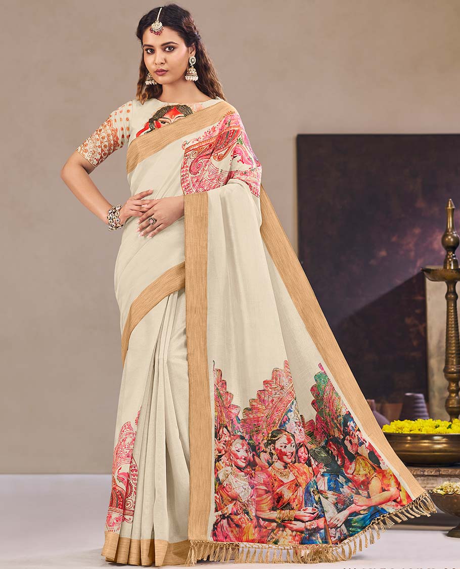 Cream paisley printed designer catalog saree, bavanji border, and pallu features women celebrating holi design print