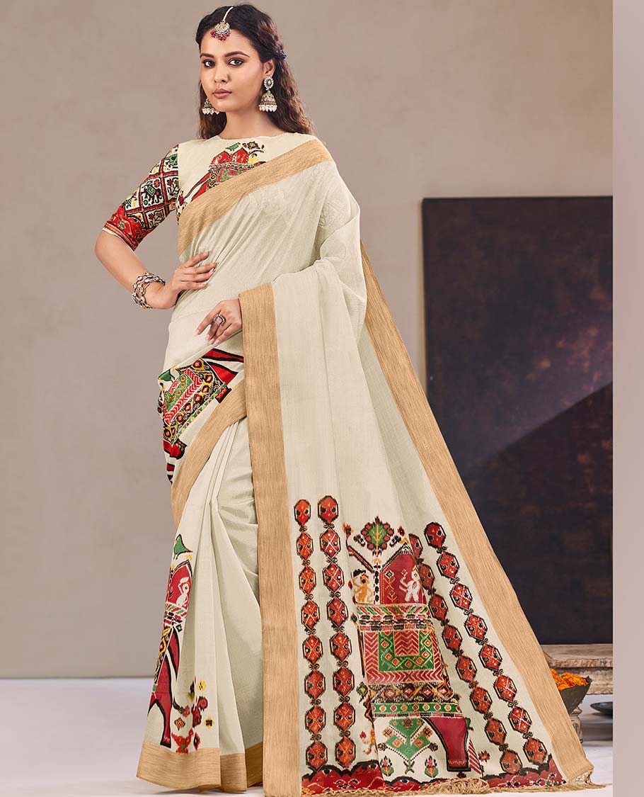 Cream patola-style intricately printed designer catalog saree, bavanji border, and patola printed pallu