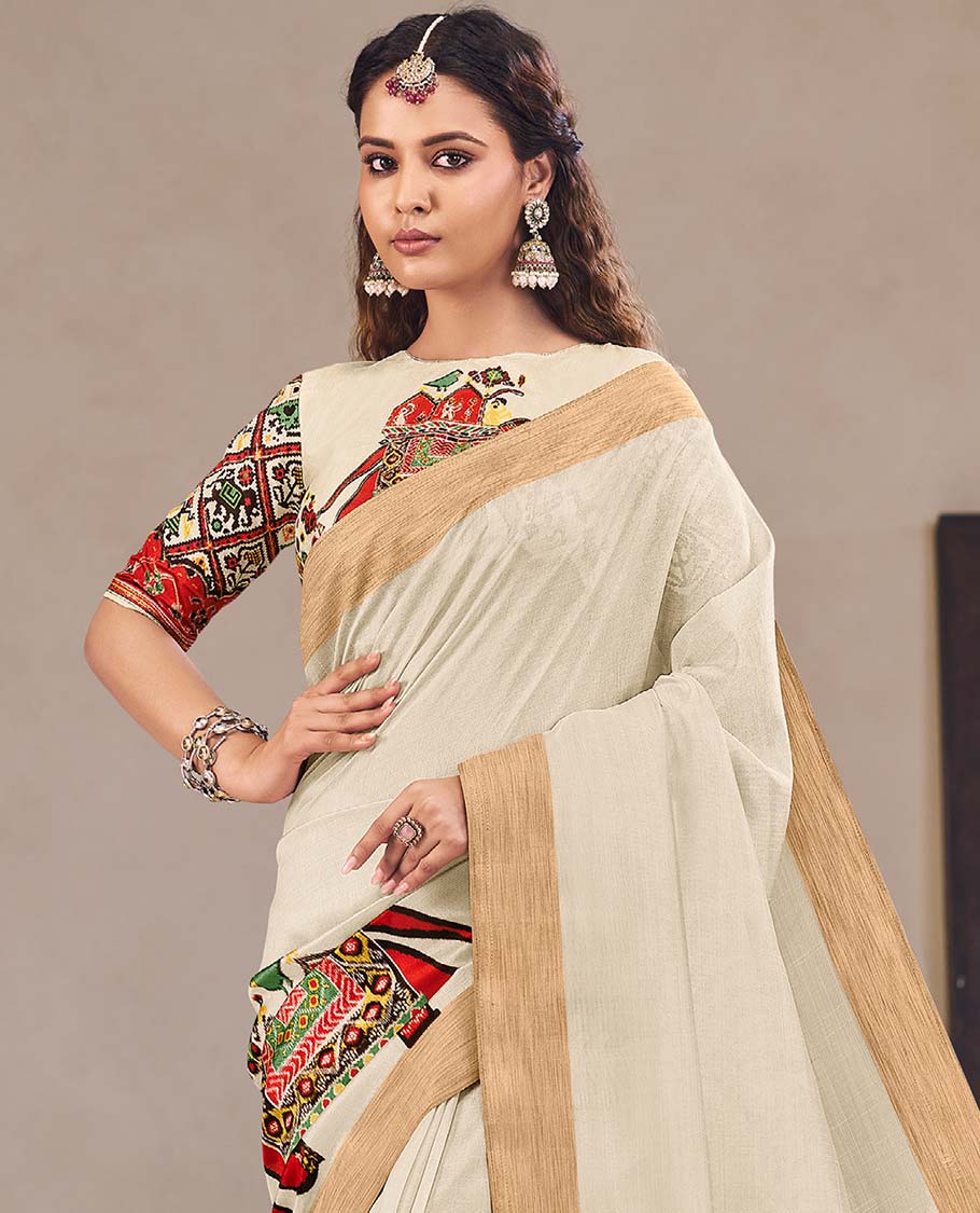 Cream patola-style intricately printed designer catalog saree, bavanji border, and patola printed pallu