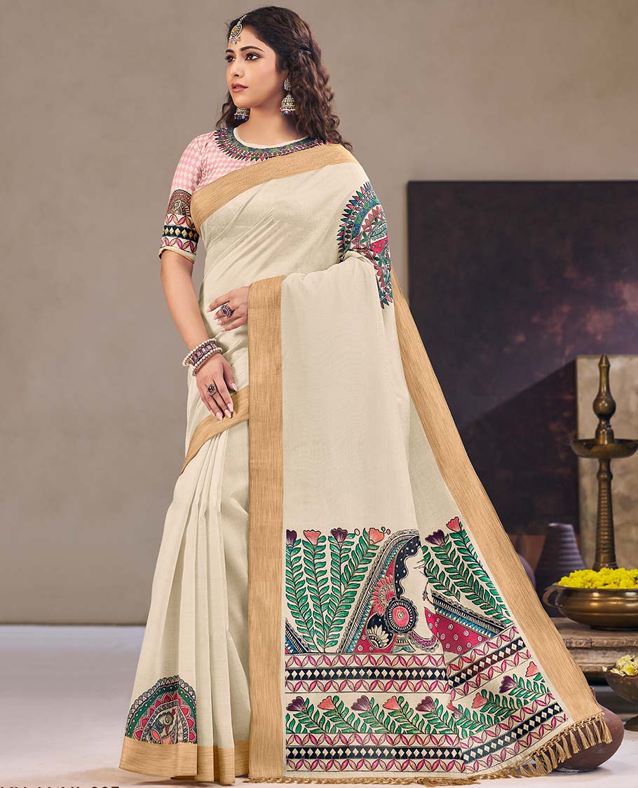 Cream Madhubani printed designer catalog saree, bavanji border, and Madhubani printed pallu of floral and human figurine