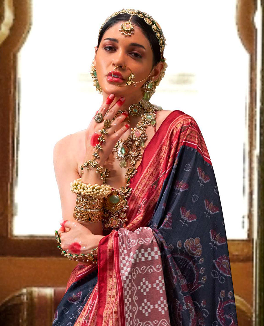 Navy blue ikkat floral buttas woven designer catalog saree, contrast ikkat rudraksha border, and pallu of ikkat weave