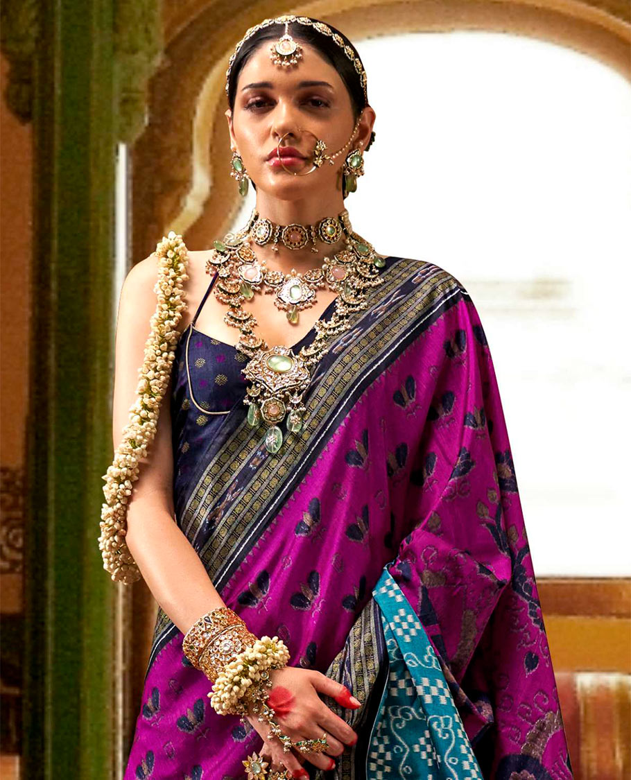 Purple ikkat floral buttas woven designer catalog saree, contrast ikkat rudraksha border, and pallu of ikkat weave