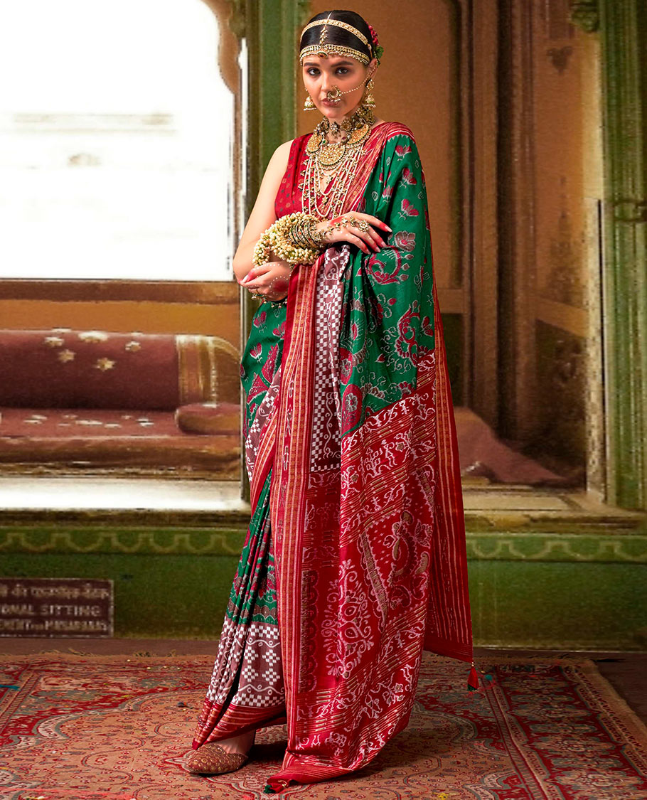 Green ikkat floral buttas woven designer catalog saree, contrast ikkat rudraksha border, and pallu of ikkat weave