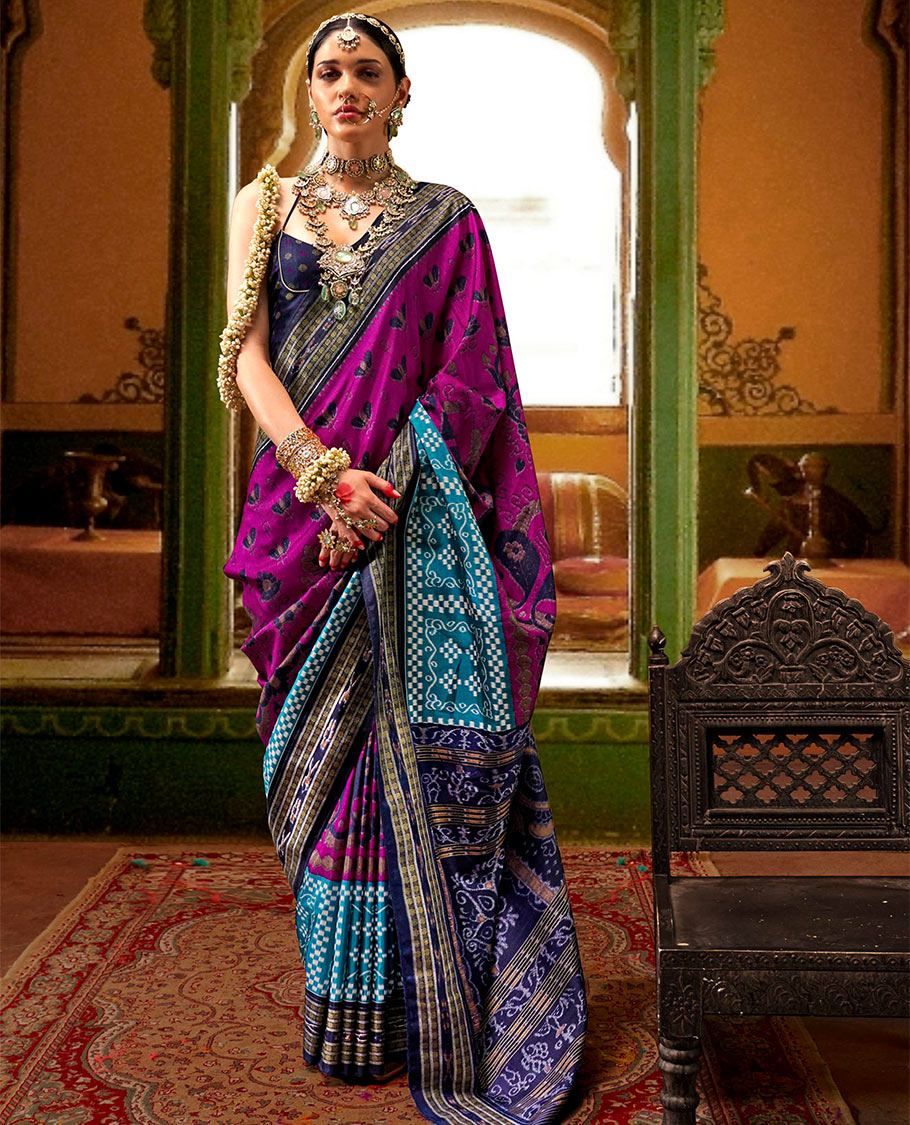 Purple ikkat floral buttas woven designer catalog saree, contrast ikkat rudraksha border, and pallu of ikkat weave