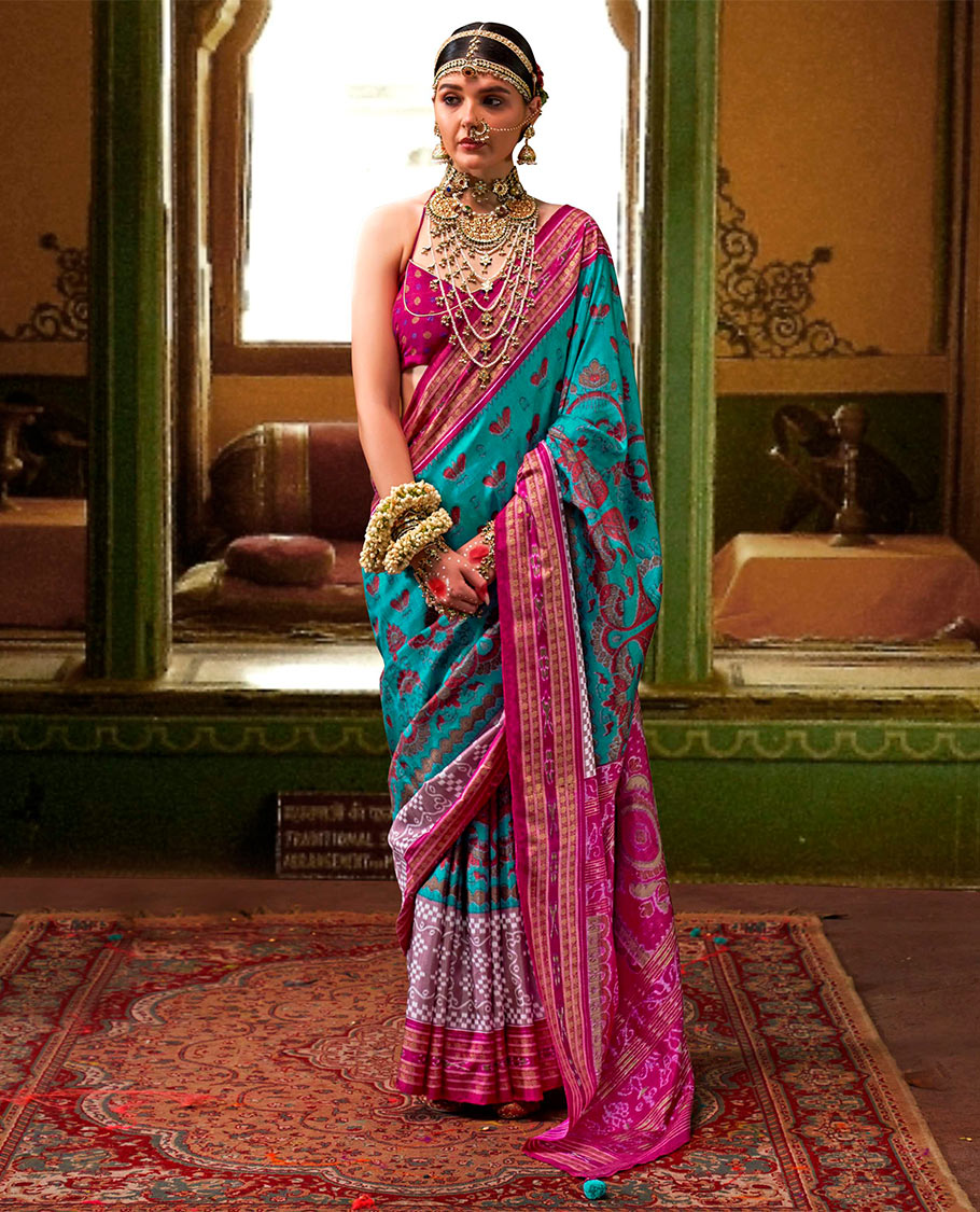Blue ikkat floral buttas woven designer catalog saree, contrast ikkat rudraksha border, and pallu of ikkat weave
