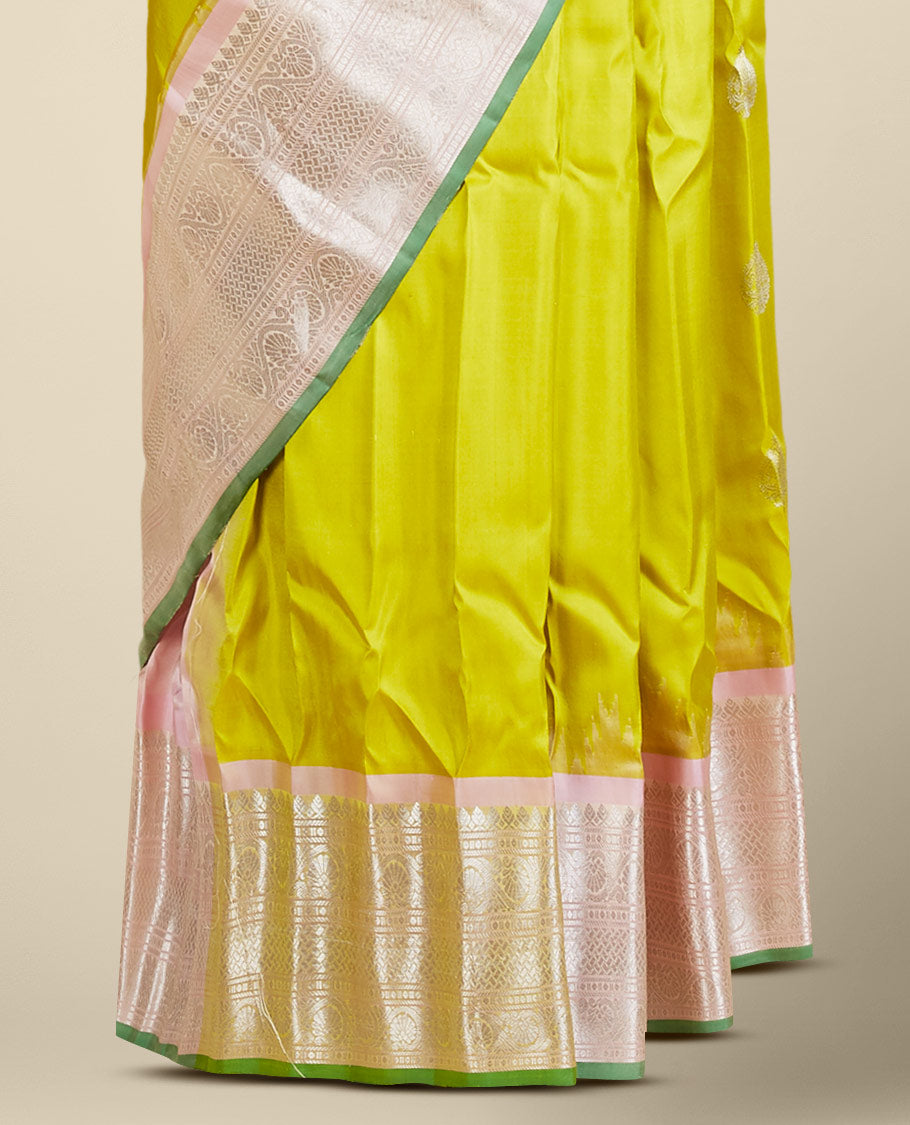 Green gadwal silksaree with zari buttas, contrast vidarbha border of traditional zari designs & pallu of jaal designs