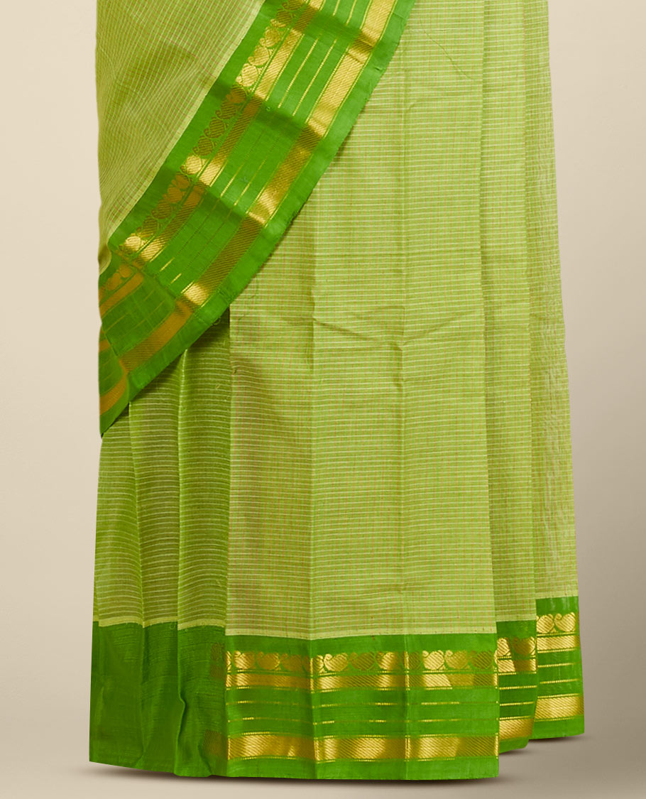 Light green micro-checked gadwal saree, contrast traditional design zari border & pallu of zari stripes